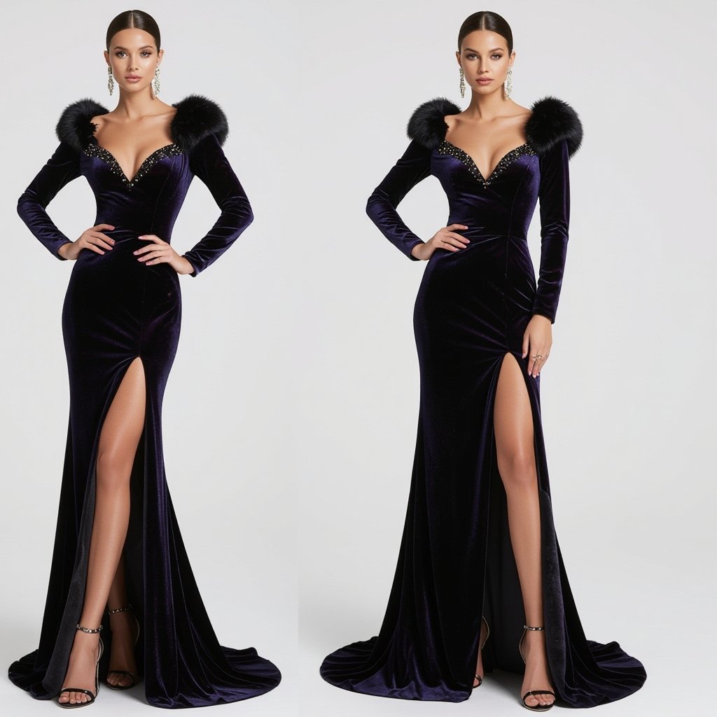 Glamorous
Glamorous fashion: Glamorous velvet gown, sequin details, dramatic silhouette, faux fur accents, high heels, statement jewelry.