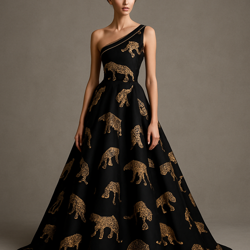 Ein schwarzes bodenlanges Kleid, eine Schulter ist frei aber dort wo es frei ist, an dem Riemen ist eine goldene Linie und über das ganze Kleid sind goldene Leopardenverzierungen
