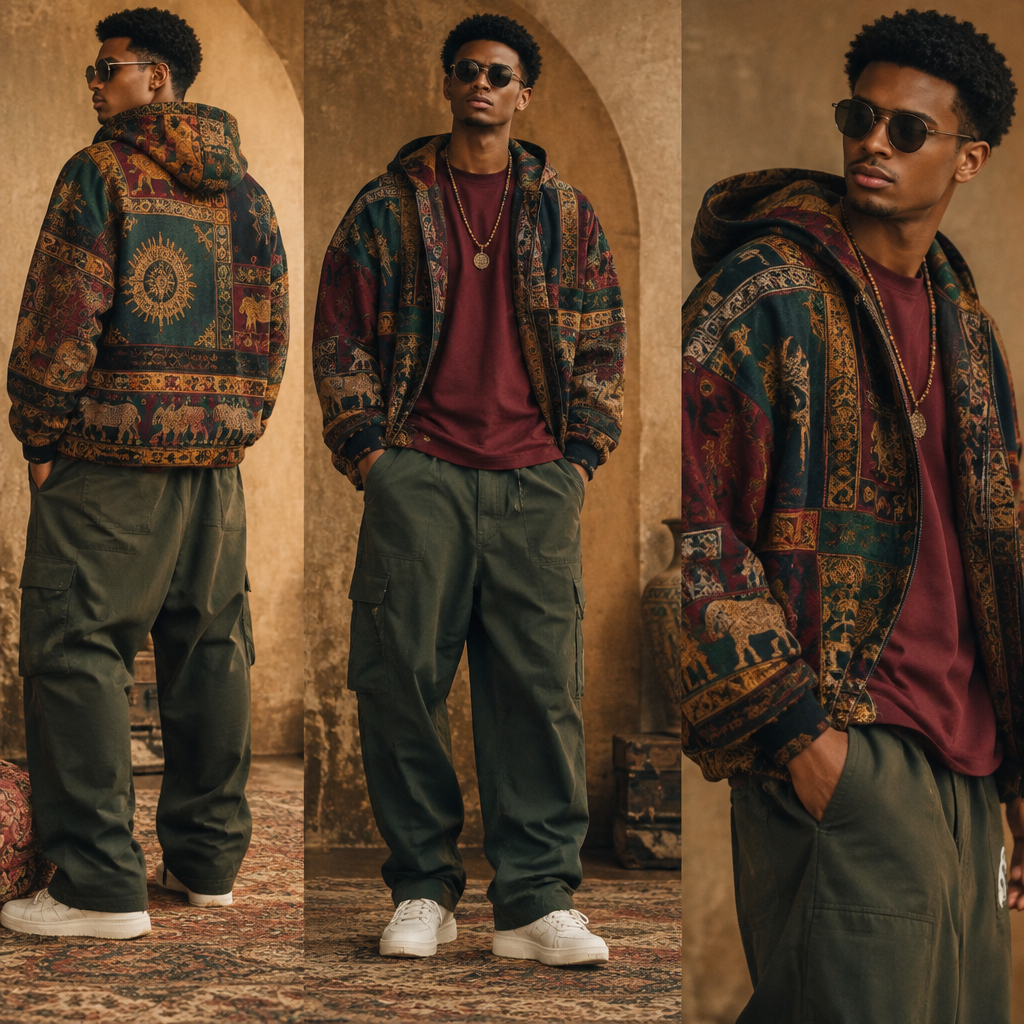 A Male Jacket design, made of Cotton, with a sturdy, casual hand, with an Oversized silhouette, in a Jewel Tones color palette, for Festival, suitable for Summer, in Vintage + Business + Glamorous style, shown on a model with brown skin. i want to own the best brand of hoodies and shirts make it catchy and share thata energy is contagious. South Africa fashion aesthetics. Present it as professional fashion catalogue photography: the garment is the subject, shown full-length with editorial styling, neutral posing and tasteful, non-suggestive framing.
photorealistic fashion design, A Male Jacket design, made of Cotton, with a sturdy, casual hand, with an Oversized silhouette, in a Jewel Tones color palette, for Festival, suitable for Summer, in Vintage + Business + Glamorous style, shown on a model with brown skin. i want to own the best brand of hoodies and shirts make it catchy and share thata energy is contagious. South Africa fashion aesthetics. Present it as professional fashion catalogue photography: the garment is the subject, shown full-length with editorial styling, neutral posing and tasteful, non-suggestive framing., vintage style, just the design no text