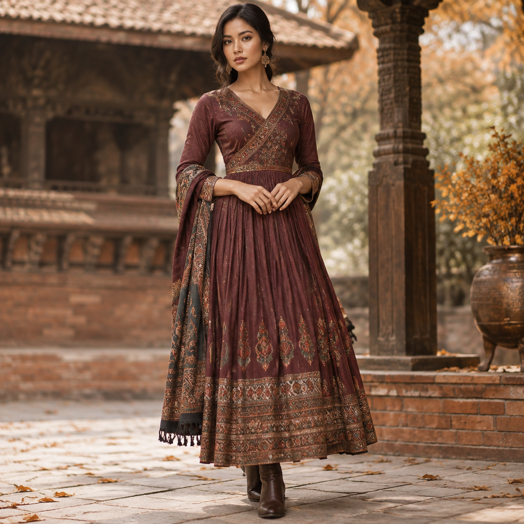 A Dress design, suitable for Fall, in Elegant style. Nepal fashion aesthetics. Present it as professional fashion catalogue photography: the garment is the subject, shown full-length with editorial styling, neutral posing and tasteful, non-suggestive framing.
photorealistic fashion design, A Dress design, suitable for Fall, in Elegant style. Nepal fashion aesthetics. Present it as professional fashion catalogue photography: the garment is the subject, shown full-length with editorial styling, neutral posing and tasteful, non-suggestive framing., elegant style, just the design no text