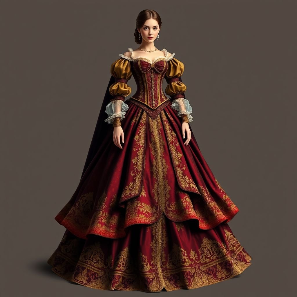 Freestyle
Design an opulent Renaissance gown featuring a voluminous layered skirt made of rich brocade, adorned with intricate gold embroidery. Incorporate a fitted bodice with a sweetheart neckline and puffed sleeves, accented by delicate lace trim. Emphasize a regal color palette of deep jewel tones, complemented by a dramatic flowing cape.