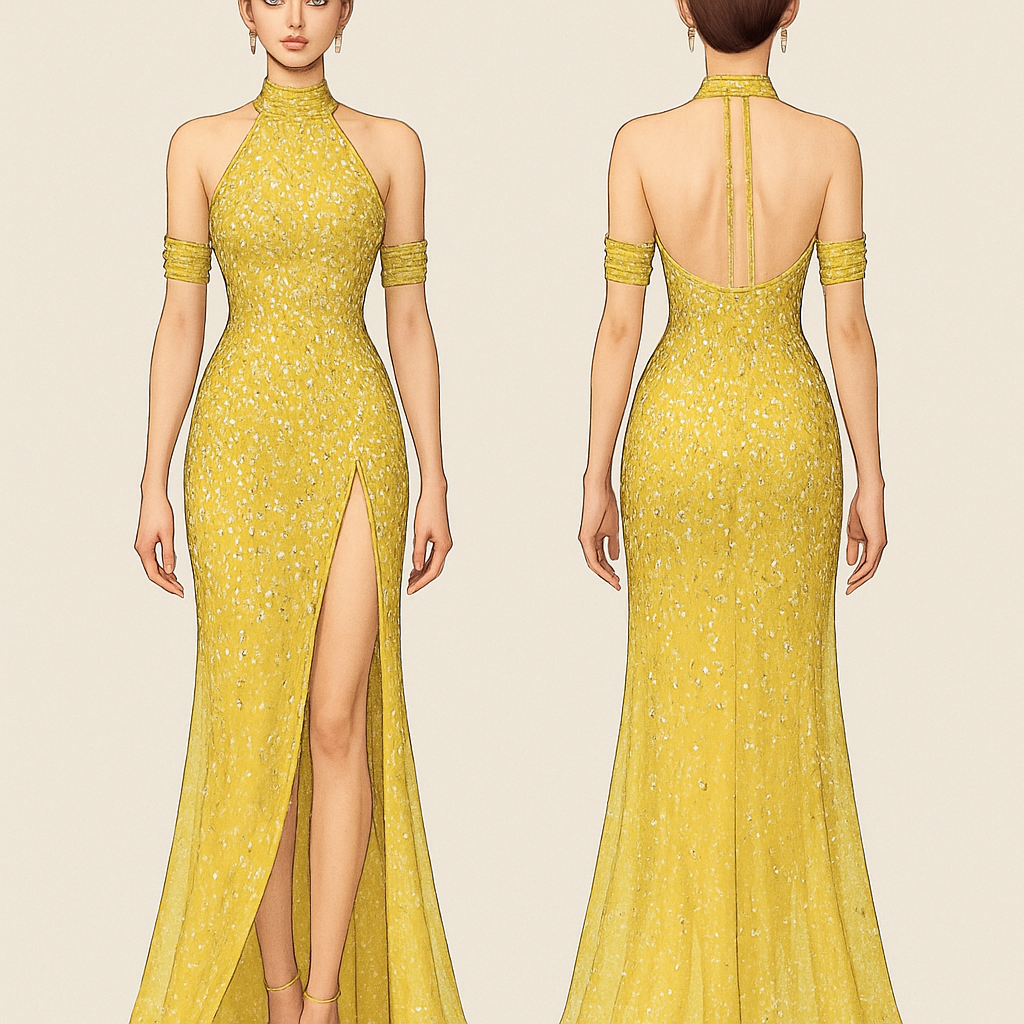 Yellow and a stone fully rhinestone halter gown that stops at the ankle. The spilt come to the hip bone. The fabric is organza and skin tone mesh. 2 arm cuffs with yellows and a stone liquid beading.
Yellow and a stone fully rhinestone halter gown that stops at the ankle. The spilt come to the hip bone. The fabric is organza and skin tone mesh. 2 arm cuffs with yellows and a stone liquid beading., glamorous style, show front and back