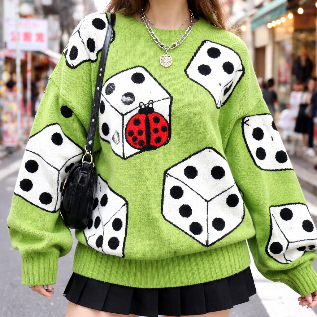 a bright green chunky sweater with big black and white dice all over, draw a cute red ladybug as one of the faces of one of the die. only one. clean lines
Japanese Street fashion design: Bright green chunky sweater, cotton, with bold black and white dice pattern. One die features a cute red ladybug face. Relaxed, oversized fit for a playful Harajuku look.