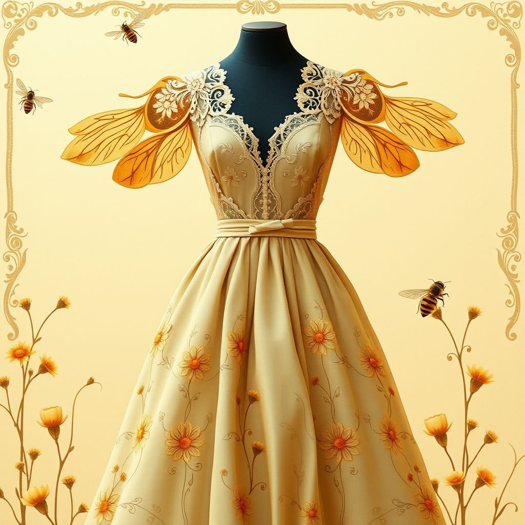 A honey bee & honey comb themed spring day dress.
Design a whimsical spring day dress inspired by art nouveau, featuring intricate honey bee and honeycomb motifs. Imagine flowing, organic shapes and delicate floral patterns, with soft pastel colors echoing nature. Incorporate lace sleeves that mimic bee wings, a cinched waist, and a full skirt that cascades like a honey drip.