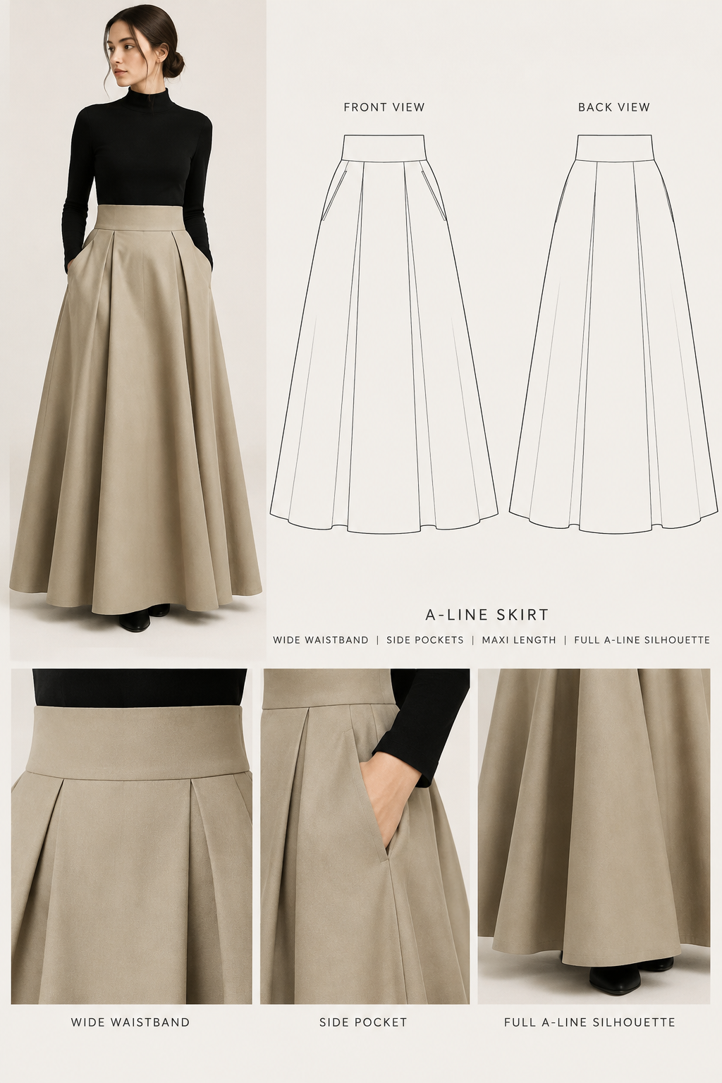 long A-shape skirt, with pocket and very A-line, widher waitsline
long A-shape skirt, with pocket and very A-line, widher waitsline