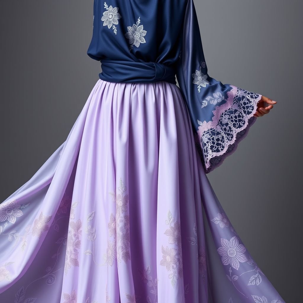 Nice long abaya with different texture
Envision a flowing long abaya crafted from a harmonious blend of silk, chiffon, and embroidered lace. The fabric transitions seamlessly from a rich midnight blue to a soft lavender, featuring intricate, hand-painted floral motifs. Layered textures create depth, while elegant bell sleeves and a cinched waist enhance the silhouette, embodying modern elegance.