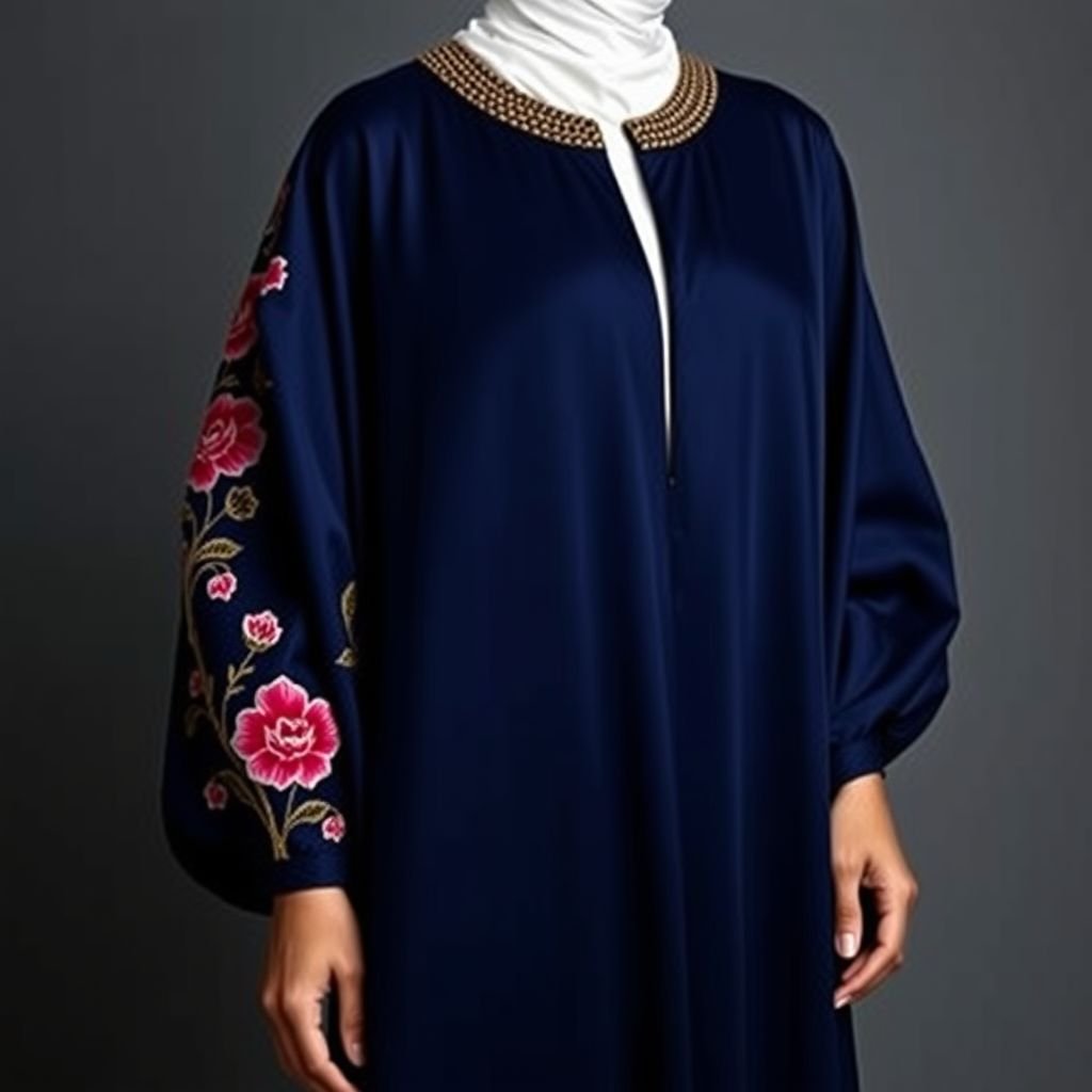 Open abaya with a floral embroidered on the west on one side and the collar of the abaya
Design a flowing, open abaya crafted from lightweight silk in deep navy. One side features exquisite floral embroidery in vibrant hues of fuchsia and gold, accentuating the wearer's silhouette. The collar is elegantly structured, adorned with delicate beadwork, blending traditional Middle Eastern aesthetics with contemporary fashion, perfect for any evening occasion.