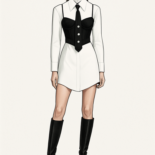 Can you do a white fitted shirt dress with a large collar, with a black slightly crop corset top with thin straps over it, and a black tie with knee high boots
Longer corset with cup details and the shirt dress slightly shorter coming down in a slight v shape at the front and three big jewels going down vertically on the tie
Remove lines on shirt and hide buttons