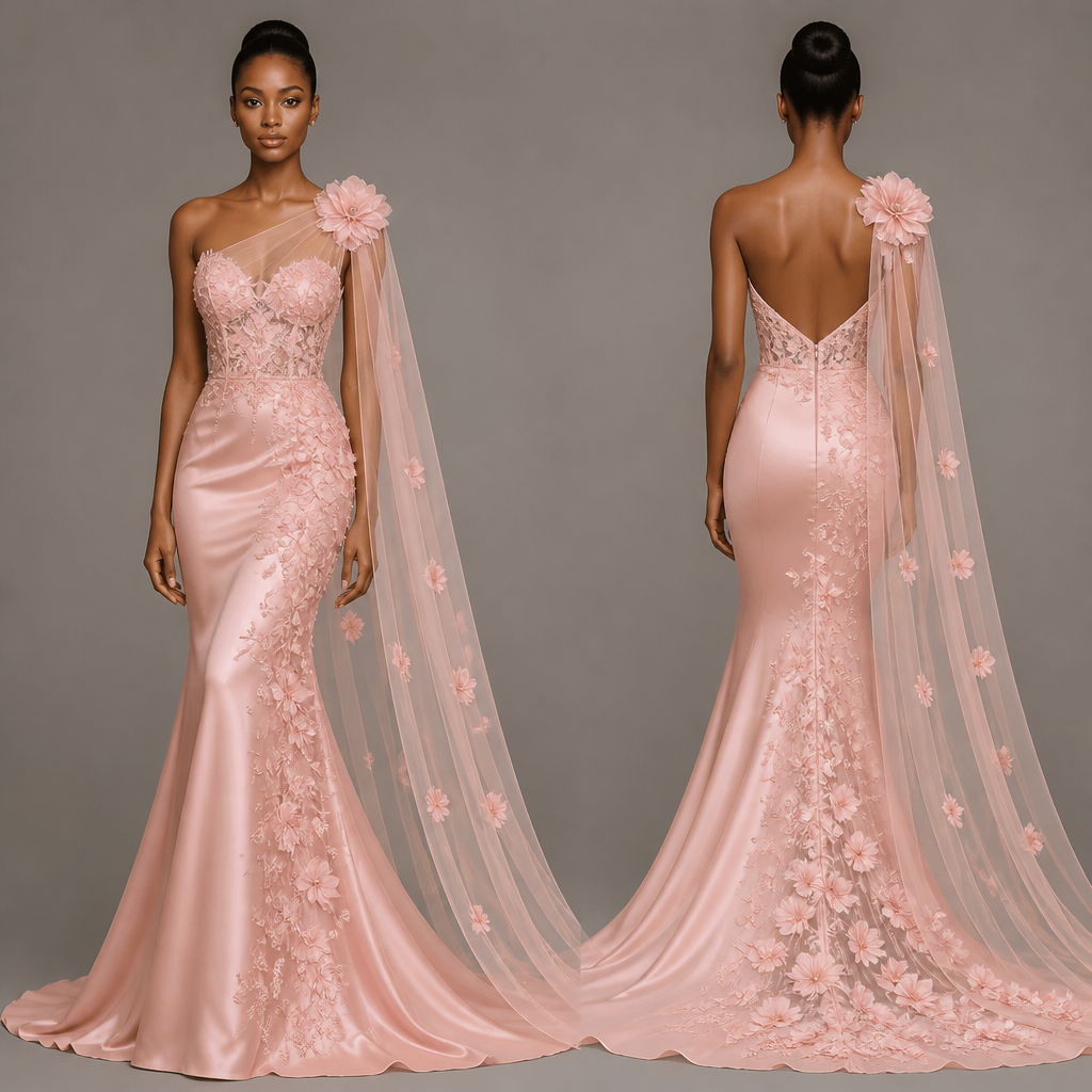 A Female fashion design. by using a reference photo sketch generate a pink gown with a net which is light pink that connects with a flower. Tanzania fashion aesthetics.
photorealistic fashion design, A Female fashion design. by using a reference photo sketch generate a pink gown with a net which is light pink that connects with a flower. Tanzania fashion aesthetics., just the design no text, show front and back