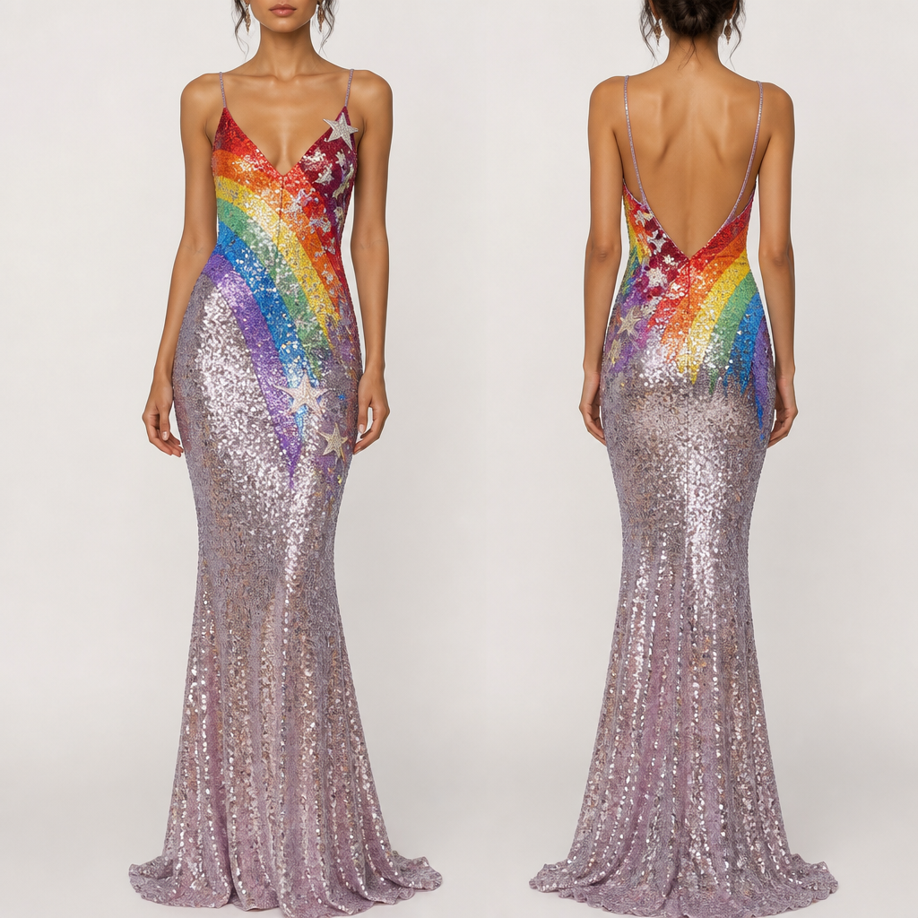 A Female Dress design, suitable for Summer. sequin rainbow with stars on the top and sequin on the bottom
photorealistic fashion design, A Female Dress design, suitable for Summer. sequin rainbow with stars on the top and sequin on the bottom, just the design no text