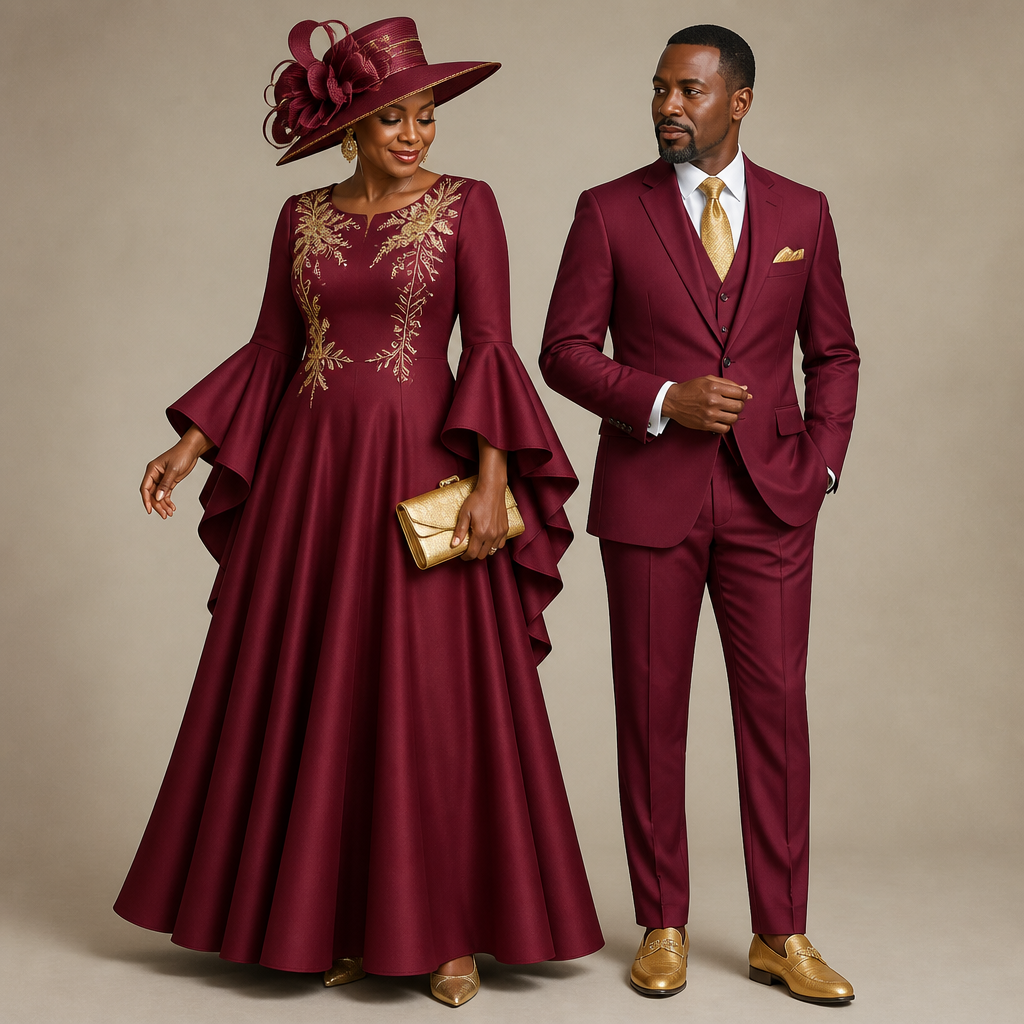 Make a dress for a African American First Lady for Easter service and let the color of the dress be burgundy red with a flared sleeves and a flared floor length
skirt with a matching hat and gold high heels and a gold clutch and have the pastor dressed in a burgundy red suit with a gold tie and gold loafers
photorealistic fashion design, Make a dress for a African American First Lady for Easter service and let the color of the dress be burgundy red with a flared sleeves and a flared floor length
skirt with a matching hat and gold high heels and a gold clutch and have the pastor dressed in a burgundy red suit with a gold tie and gold loafers, just the design no text