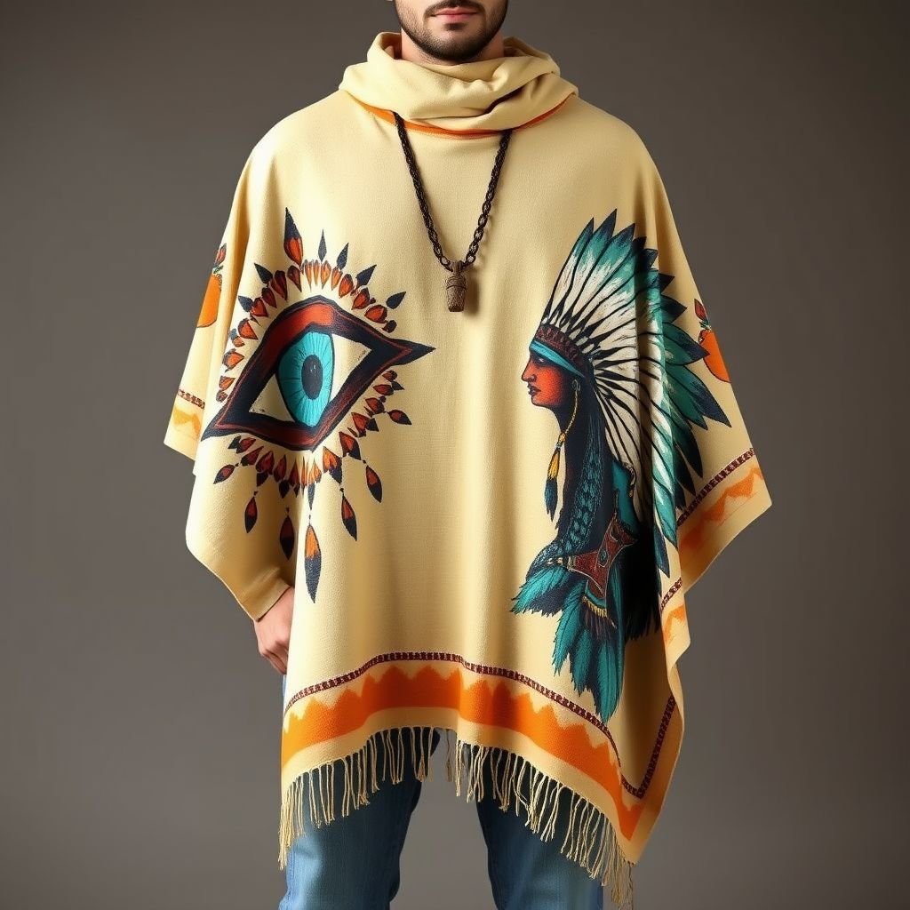 boho minimal man poncho handpainted of eye and American indian man
Design a bohemian-inspired minimalist poncho for men, featuring hand-painted motifs of a mystical eye and a proud Native American warrior. The fabric, a soft, natural blend, drapes effortlessly, enhancing movement. Earthy tones of ochre and deep turquoise evoke the spirit of nature, bringing together cultural symbolism and contemporary flair. Perfect for casual outings.