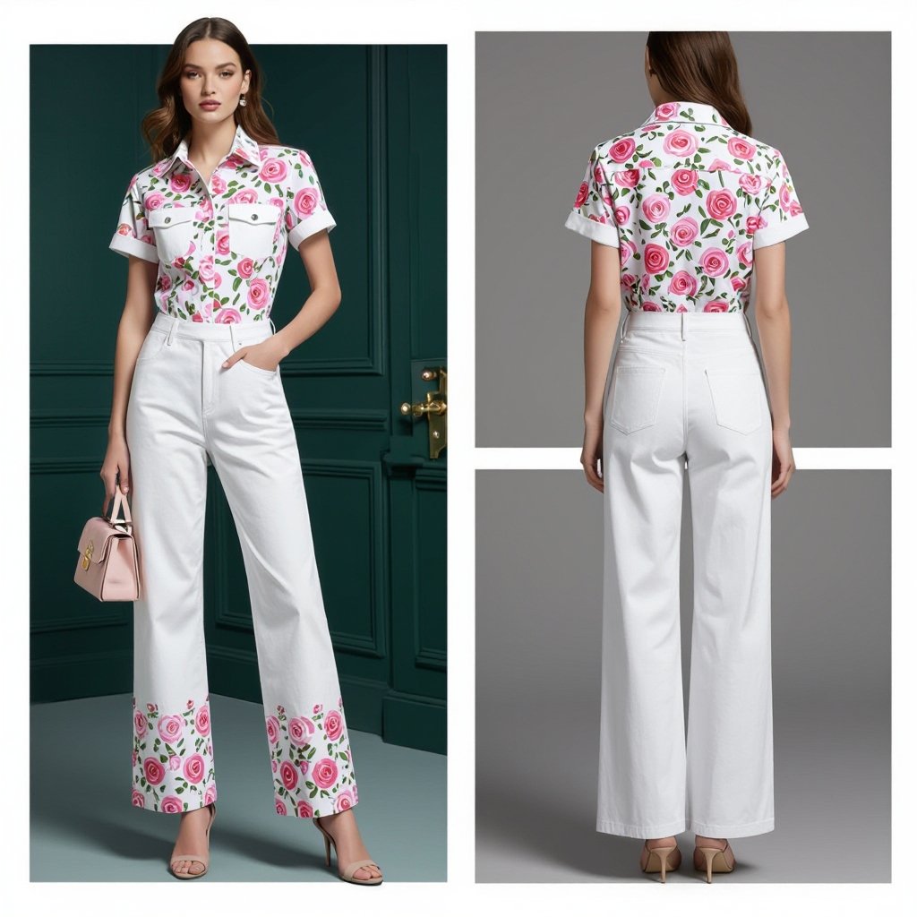 White denim fabric 1cm pink small cute rose pattern zip up jumpsuit shirt collar two inside pocket short sleeve long leg hem
White denim jumpsuit, 1cm pink small cute rose pattern, shirt collar, short sleeve, front zip-up, two inside pockets, long leg hem.