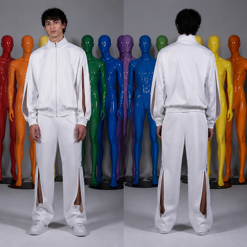 okay se riesci fai più manichini nello sfondo e di colori dell’arcobaleno
edit the attached fashion design with these instructions: okay se riesci fai più manichini nello sfondo e di colori dell’arcobaleno. keep it photorealistic, just the design no text