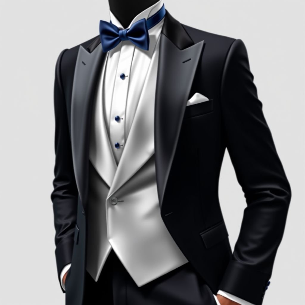 Wedding tuxedo with a deep sapphire tie and a long silver vest
Design a sophisticated wedding tuxedo featuring a tailored midnight black jacket with sharp lapels, complemented by a shimmering long silver vest that drapes elegantly. Complete the look with a deep sapphire silk tie, enhancing the ensemble’s formal elegance. Incorporate subtle embroidered detailing on the cuffs for an added touch of luxury.