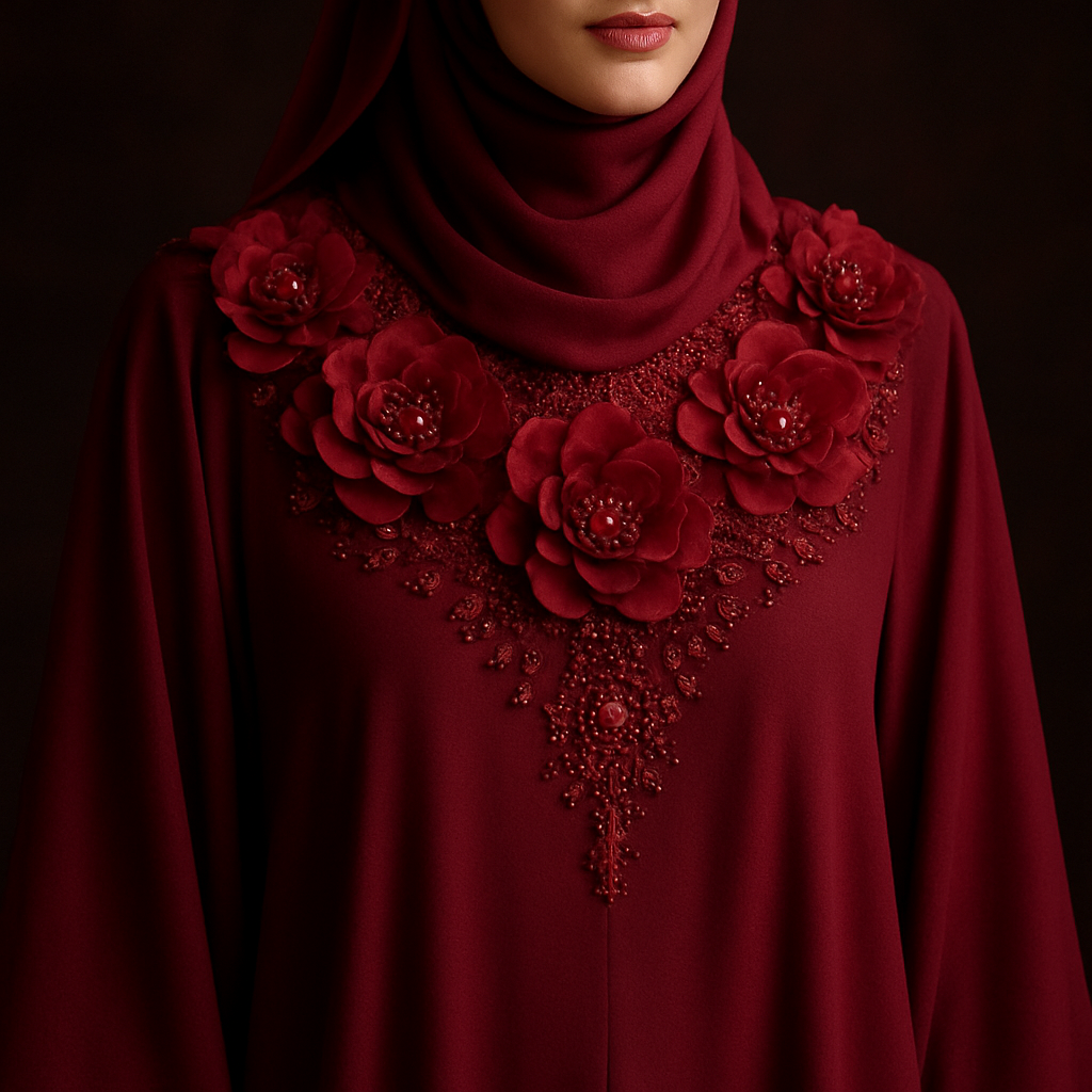 The Ruby Flora Majesty Abaya
Tone: Deep dark ruby
Design:
Large layered 3D ruby florals arranged around the neckline like a luxury necklace.
Embellishment:
Red glass stones and micro-beads giving a regal shine.
Vibe: Soft royalty + deep sensual luxury.
The Ruby Flora Majesty Abaya
Tone: Deep dark ruby
Design:
Large layered 3D ruby florals arranged around the neckline like a luxury necklace.
Embellishment:
Red glass stones and micro-beads giving a regal shine.
Vibe: Soft royalty + deep sensual luxury.