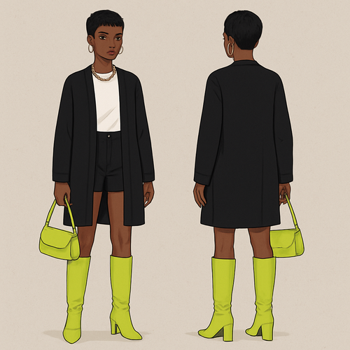 Black woman 
Pixie cut 
Long cardigan closed 
White blouse 
Black shorts 
Gold jewelry 
Lime high boots 
Lime purse 

