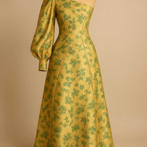 Gold Asymmetrical slant shoulder cutout neckline maxi dress with long gathered silk sleeves and two seams that start center front and curve around the body down to hem. Has green embroidery of flowers as a print covering entire dress