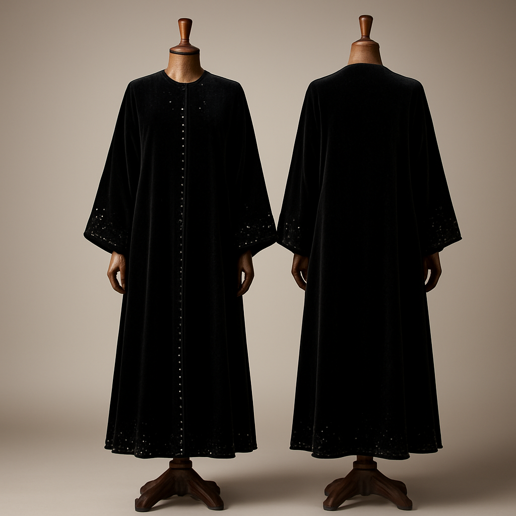 
Photorealistic full-length black velvet abaya displayed on a luxurious polished wooden mannequin; mannequin in dark walnut with a smooth hand‑polished finish and elegant carved base, neutral standing pose with slightly angled torso and relaxed arms. Abaya: ankle-length A-line silhouette, wide gathered sleeves, no collar, hidden front closure, lined with black chiffon, subtle Swarovski crystal embellishments on chest, front opening, sleeve edges and hem. Studio lighting: soft key light plus gentle rim light to highlight velvet pile and crystal sparkle, even exposure down to the ankles. Background: clean neutral gradient (soft gray or warm beige) with a soft floor shadow. Camera: 50mm lens look, full-length crop including pedestal, sharp focus on fabric texture and crystals, cinematic hyper-realistic high-detail, high resolution.


Photorealistic full-length black velvet abaya displayed on a luxurious polished wooden mannequin; mannequin in dark walnut with a smooth hand‑polished finish and elegant carved base, neutral standing pose with slightly angled torso and relaxed arms. Abaya: ankle-length A-line silhouette, wide gathered sleeves, no collar, hidden front closure, lined with black chiffon, subtle Swarovski crystal embellishments on chest, front opening, sleeve edges and hem. Studio lighting: soft key light plus gentle rim light to highlight velvet pile and crystal sparkle, even exposure down to the ankles. Background: clean neutral gradient (soft gray or warm beige) with a soft floor shadow. Camera: 50mm lens look, full-length crop including pedestal, sharp focus on fabric texture and crystals, cinematic hyper-realistic high-detail, high resolution., show front and back