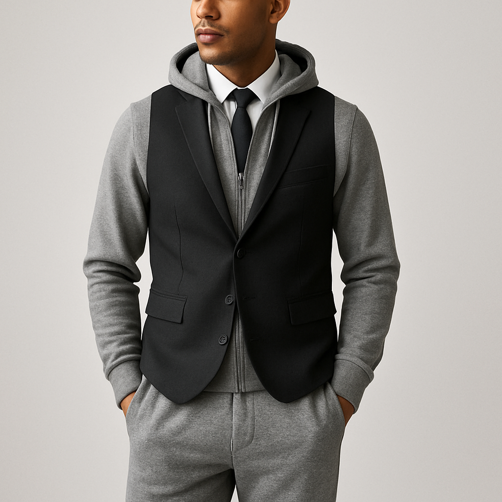 
Sweatsuit mixed with buisness suits but still sport with vest instead oh jacket


Sweatsuit mixed with buisness suits but still sport with vest instead oh jacket, business style