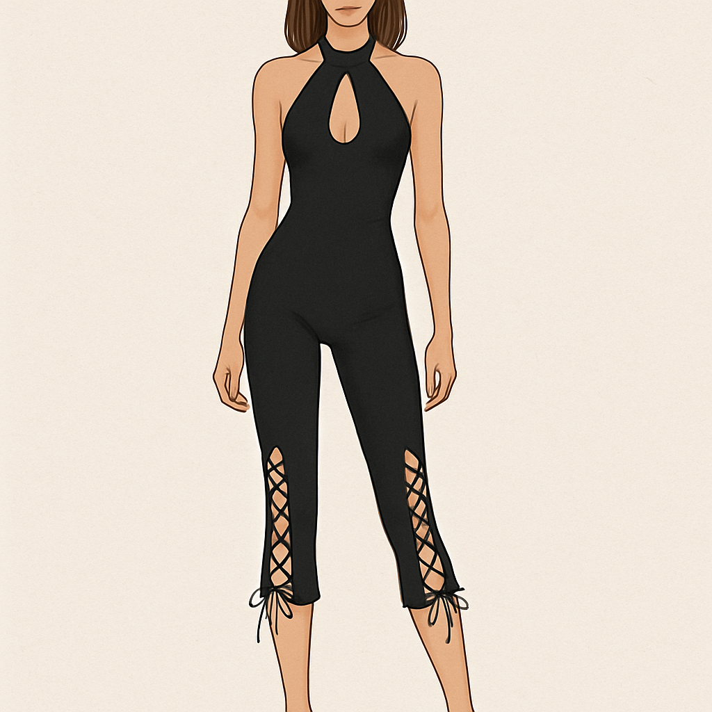 Halter neck bodycon Capri jumpsuit with laces hem & cut outs
Halter neck bodycon Capri jumpsuit with laces hem & cut outs