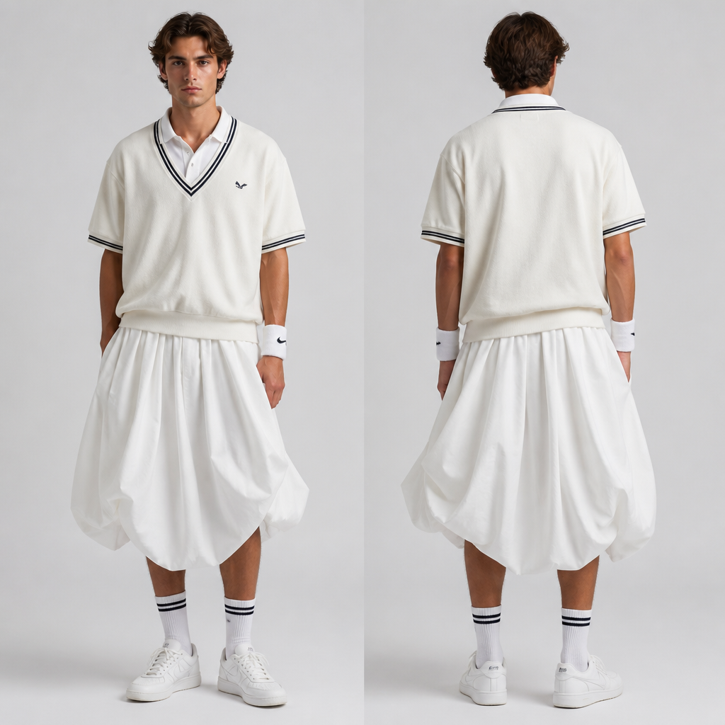 Un joueur de tennis avec une jupe oversize.
photorealistic fashion design, Un joueur de tennis avec une jupe oversize. , tenniscore style, just the design no text, show front and back