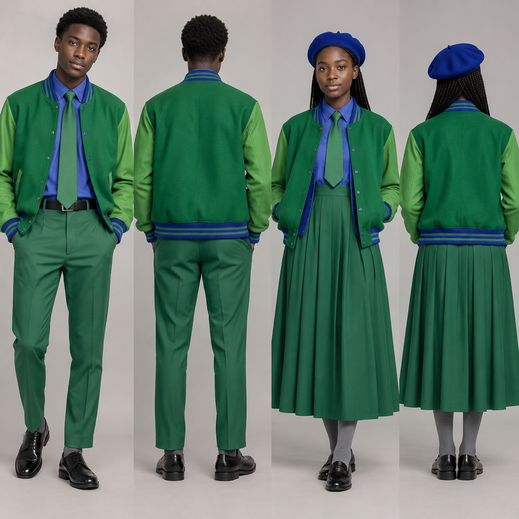 A Male Top design, with modest, full coverage: longer hemlines, higher necklines and covered shoulders, suitable for Spring. Design a green baseball jacket with blue accents. Green arms. For male and female. Use black teenagers as models
A fit flare dress top half blue and bottom half green, covering chest area completely, almost reaching ankles. Blue barrett, green tie and grey socks for the female.
A green relaxed trouser, reaching ankles. A blue shirt, green tie and grey socks for the male.
Nice black school shoes for both. Both must be wearing baseball jacket. Use shamrock green. Use cobalt blue Present it as professional fashion catalogue photography: the garment is the subject, shown full-length with editorial styling, neutral posing and tasteful, non-suggestive framing.
photorealistic fashion design, A Male Top design, with modest, full coverage: longer hemlines, higher necklines and covered shoulders, suitable for Spring. Design a green baseball jacket with blue accents. Green arms. For male and female. Use black teenagers as models
A fit flare dress top half blue and bottom half green, covering chest area completely, almost reaching ankles. Blue barrett, green tie and grey socks for the female.
A green relaxed trouser, reaching ankles. A blue shirt, green tie and grey socks for the male.
Nice black school shoes for both. Both must be wearing baseball jacket. Use shamrock green. Use cobalt blue Present it as professional fashion catalogue photography: the garment is the subject, shown full-length with editorial styling, neutral posing and tasteful, non-suggestive framing., just the design no text, show front and back