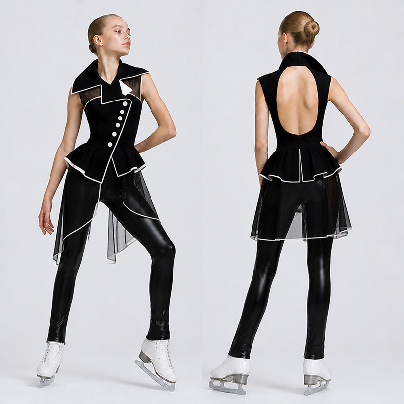 Сделать юбку менее пышной , на пиджак добавить белых акцентов
edit the attached fashion design with these instructions: Сделать юбку менее пышной , на пиджак добавить белых акцентов. keep it photorealistic, just the design no text
