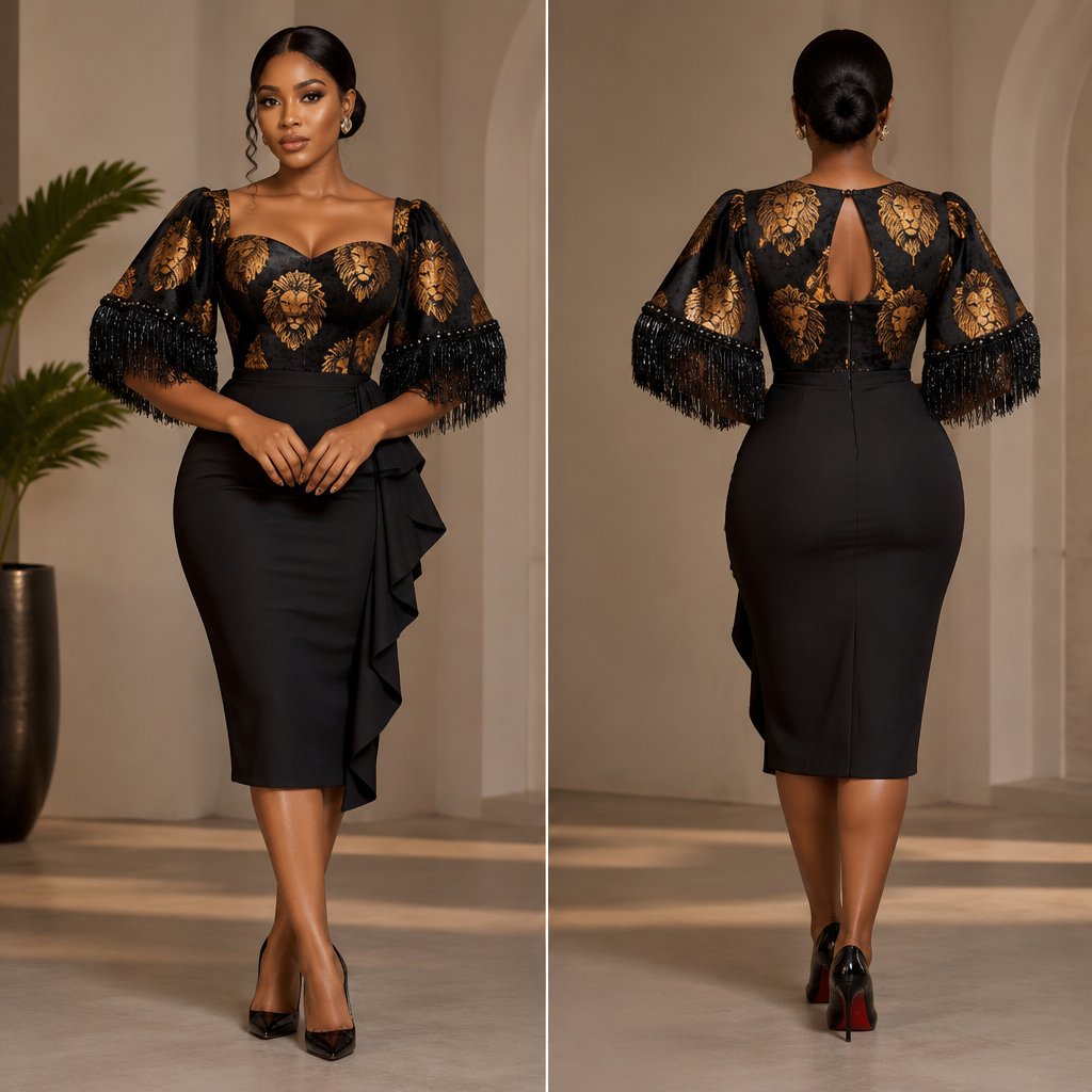A Female Dress design, suitable for Summer. I need you to design something for me. Someone wants me to make an outfit for her. You know this... there's this Igbo material, this Igbo fabric. They call it Isiagu. It has, like, lion head on it. It's usually the Igbos that use it. So someone brought it and wants me to make a dress for her with it. It's a shiny black material with lion head drawn, designed on it, like everywhere on it. And the lion head is in gold, but the actual fabric is black, shiny black. And I'm sure if you check, you'll see pictures of it online. So she wants me to make a bustier dress. She wants me to make the front with, like, a sweetheart neckline, and the Igbo material will be used for the upper bodies. The back would be a keyhole neckline. Yeah, it will have buttons, and then a little opening, then the zipper. And it's going to be a short dress, just below, a little below the knee. And the sleeves are going to be this, what do they call it, is it bucket sleeves, with beads and then black fringe. So I don't know if you can, like, design it. The down, like the down of the dress, that's from the waist to the full length of the dress, is going to be another fabric. We decided to use... what's the name of this fabric? I've forgotten the name, but we decided to use another fabric for the downside of the dress. So the Isiagu, the Igbo, will be used for maybe for up. And I don't know, just design it how you want. But I want you to just know that we're mixing it with a plain fabric. So just help me, like, design it, let me see how you would do it.. Nigeria fashion aesthetics. Present it as professional fashion catalogue photography: the garment is the subject, shown full-length with editorial styling, neutral posing and tasteful, non-suggestive framing.
photorealistic fashion design, A Female Dress design, suitable for Summer. I need you to design something for me. Someone wants me to make an outfit for her. You know this... there's this Igbo material, this Igbo fabric. They call it Isiagu. It has, like, lion head on it. It's usually the Igbos that use it. So someone brought it and wants me to make a dress for her with it. It's a shiny black material with lion head drawn, designed on it, like everywhere on it. And the lion head is in gold, but the actual fabric is black, shiny black. And I'm sure if you check, you'll see pictures of it online. So she wants me to make a bustier dress. She wants me to make the front with, like, a sweetheart neckline, and the Igbo material will be used for the upper bodies. The back would be a keyhole neckline. Yeah, it will have buttons, and then a little opening, then the zipper. And it's going to be a short dress, just below, a little below the knee. And the sleeves are going to be this, what do they call it, is it bucket sleeves, with beads and then black fringe. So I don't know if you can, like, design it. The down, like the down of the dress, that's from the waist to the full length of the dress, is going to be another fabric. We decided to use... what's the name of this fabric? I've forgotten the name, but we decided to use another fabric for the downside of the dress. So the Isiagu, the Igbo, will be used for maybe for up. And I don't know, just design it how you want. But I want you to just know that we're mixing it with a plain fabric. So just help me, like, design it, let me see how you would do it.. Nigeria fashion aesthetics. Present it as professional fashion catalogue photography: the garment is the subject, shown full-length with editorial styling, neutral posing and tasteful, non-suggestive framing., just the design no text