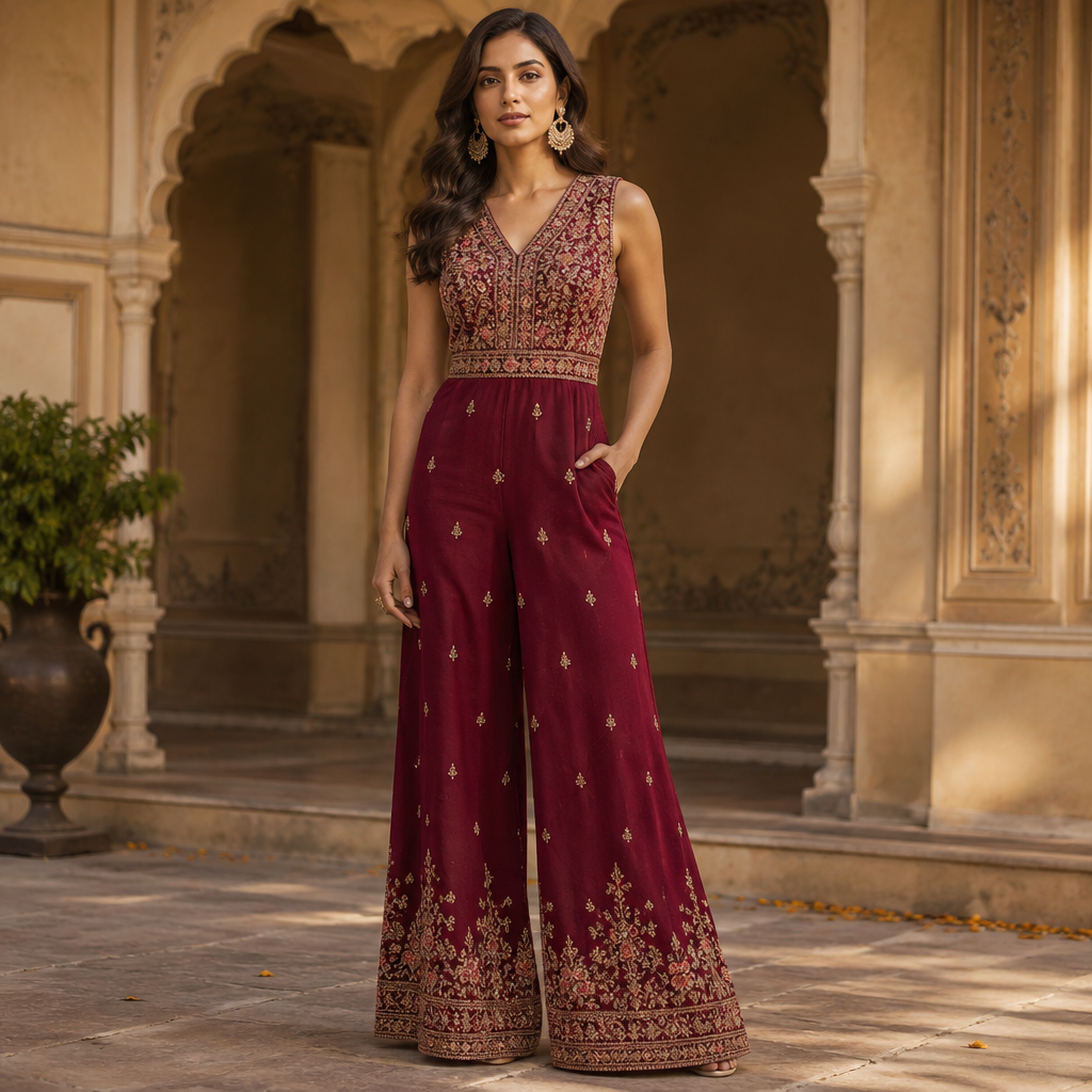 A Jumpsuit design. Consider Indian fashion aesthetics — consider saree, lehenga, salwar kameez, kurti, anarkali; local fabrics like chanderi, banarasi, chikankari, block prints; vibrant colors and rich embroidery. Current season is Autumn in India. Present it as professional fashion catalogue photography: the garment is the subject, shown full-length with editorial styling, neutral posing and tasteful, non-suggestive framing.
photorealistic fashion design, A Jumpsuit design. Consider Indian fashion aesthetics — consider saree, lehenga, salwar kameez, kurti, anarkali; local fabrics like chanderi, banarasi, chikankari, block prints; vibrant colors and rich embroidery. Current season is Autumn in India. Present it as professional fashion catalogue photography: the garment is the subject, shown full-length with editorial styling, neutral posing and tasteful, non-suggestive framing., just the design no text