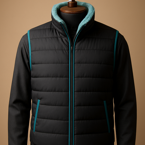 
"Photorealistic product shot of an original men's reversible quilted vest on a premium polished wooden full‑torso mannequin. Primary side: matte black fabric with horizontal channel quilting; accent trims and pocket edges in turquoise blue. Collar: detachable funnel collar lined with sheep‑shearling fleece (soft visible pile) in desaturated turquoise (#36C7BD) — same hue as trims but slightly muted. Fastening: fully concealed matte black zipper, no buttons. Features: horizontal quilting, subtle asymmetrical hem, refined stitch details, realistic fabric texture. Styling: worn over a dark charcoal Saudi thobe, posed on a luxurious wooden mannequin. Lighting: studio luxury catalogue lighting — soft directional key light from left, gentle rim light, neutral warm backdrop, shallow depth of field. Camera: 85mm, f/4, high detail, ultra‑realistic, commercial product photography. No logos, no text, no watermark, not a replica."
"Photorealistic front product shot of the reversible quilted vest on a polished wooden full‑torso mannequin. Matte black primary, turquoise trims; detachable funnel collar showing desaturated turquoise shearling lining (#36C7BD); concealed hidden zipper (no buttons). Straight‑on view, even studio lighting, soft shadows, sharp fabric texture and pocket/zipper details visible. Camera: 50mm, f/5.6, neutral warm backdrop, commercial catalogue style. No logos, no text."

"Extreme close‑up of vest fabric and stitching: horizontal quilting channels, turquoise piping, hidden zipper seam detail, and soft desaturated‑turquoise shearling visible inside the collar (#36C7BD). Macro detail, true fabric grain, studio lighting for texture emphasis, high dynamic range, ultra realistic. Camera: 100mm macro, f/8, focus stacking if possible. No logos, no watermark."

"Photorealistic men's reversible quilted vest on premium wooden mannequin — matte black primary, turquoise blue accents, shearling funnel collar in desaturated turquoise #36C7BD, fully concealed zipper (no buttons), horizontal quilting, over dark charcoal Saudi thobe, studio luxury lighting, shallow DOF, ultra‑realistic, no logos —ar 3:4 --q 2 --stylize 50"