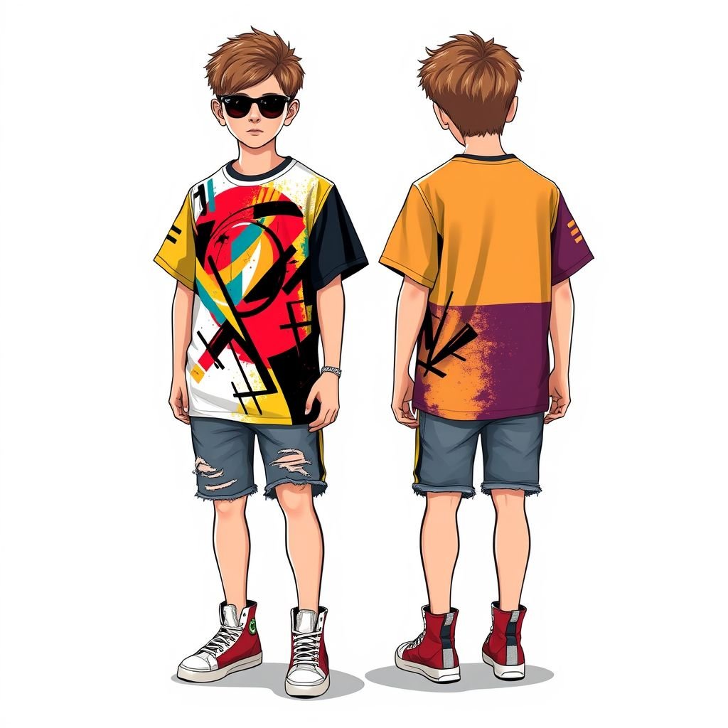 Arm cut tshirt for boys
Design a stylish arm-cut t-shirt for boys, featuring a blend of urban and sport-inspired aesthetics. The fabric showcases vibrant, abstract graphic prints with geometric patterns. Incorporate bold, contrasting colors and an asymmetric hemline. Pair it with distressed denim shorts and high-top sneakers for an effortlessly cool summer look.