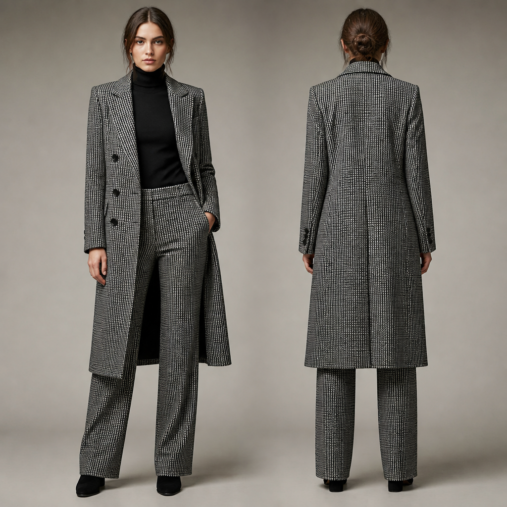 Womens houndstooth cashmere double breasted long coat and matching pants, black cashmere turtleneck sweater , black suede boots
photorealistic fashion design, Womens houndstooth cashmere double breasted long coat and matching pants, black cashmere turtleneck sweater , black suede boots, winter style, just the design no text, show front and back