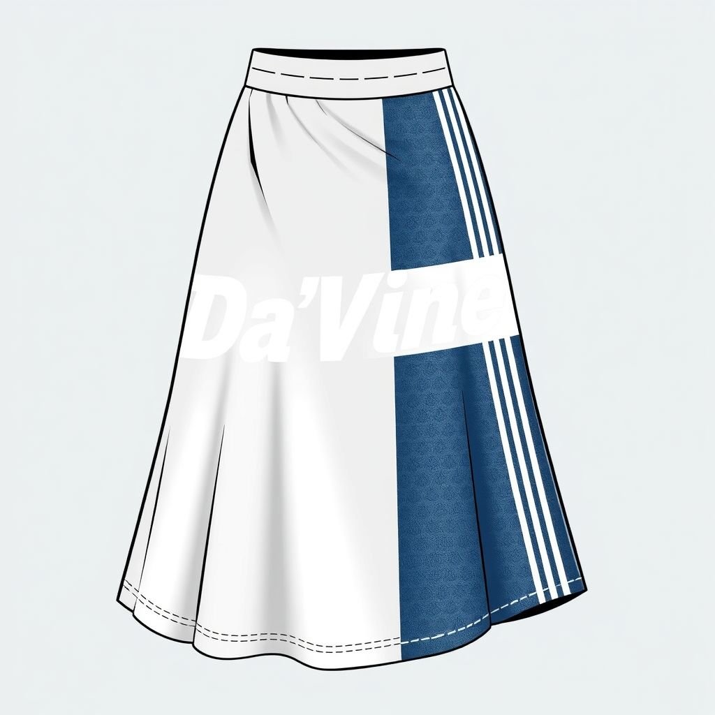 Make me a sporty skirt that looks like adidas, except add “Da’Vine” on it, put 2 stripes and make half of the skirt jean and the other half stretchy. The skirt should be long
Design a long sporty skirt that seamlessly blends functionality with style, inspired by Adidas. The left half features soft, stretchy fabric for ease of movement, while the right half showcases a chic denim finish. Bold “Da’Vine” lettering runs across, complemented by two crisp stripes along the side for a dynamic look.