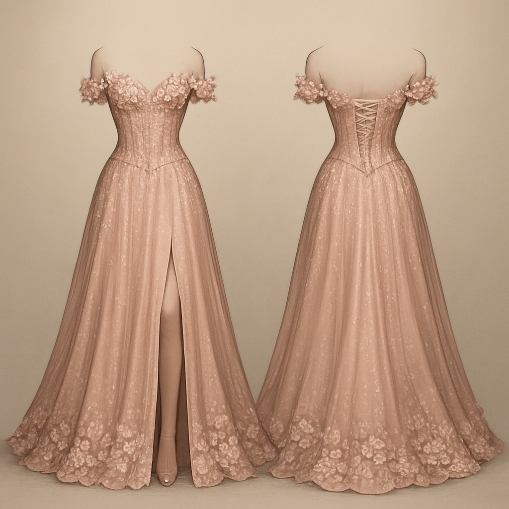 A flowy night gown with gems fading from the top down and a slit in the centre with a corset top and a flowery edge off the top and flowers at the bottom
A flowy night gown with gems fading from the top down and a slit in the centre with a corset top and a flowery edge off the top and flowers at the bottom, luxury style, show front and back