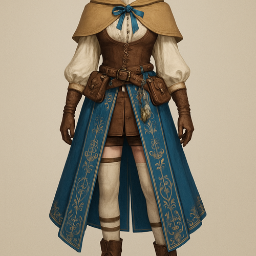 Overall Style

A mix of mage, traveler, and ranger aesthetics, with soft natural colors and ornate embroidery. It looks practical yet refined.

Key Features

• Capelet & Collar:
A tan, short cape draped over the shoulders with a tied blue ribbon at the neckline. It gives an explorer or spell-caster feel.

• Blouse:
A white, long-sleeve blouse with puffed sleeves gathered at the wrists. Very classic fantasy styling.

• Bodice & Belts:
A fitted brown corset-like bodice provides structure. Multiple belts, straps, and small satchels wrap around the waist—suggesting a character who carries tools, potions, or artifacts.

• Skirt & Shorts:
Short brown bottoms under a long split outer garment. This layered design allows mobility while still looking elegant.

• Blue Outer Panels:
Long flowing blue fabric panels hang like a coat split in the front, decorated with intricate white patterns. They add a magical, ceremonial look.

• Accessories & Charms:
Feathers, pendants, and embroidered motifs are attached to the outfit, reinforcing a mystical or nature-connected theme.

• Legwear & Boots:
White thigh-high stockings with decorative straps. The brown boots are sturdy, practical, and travel-ready.