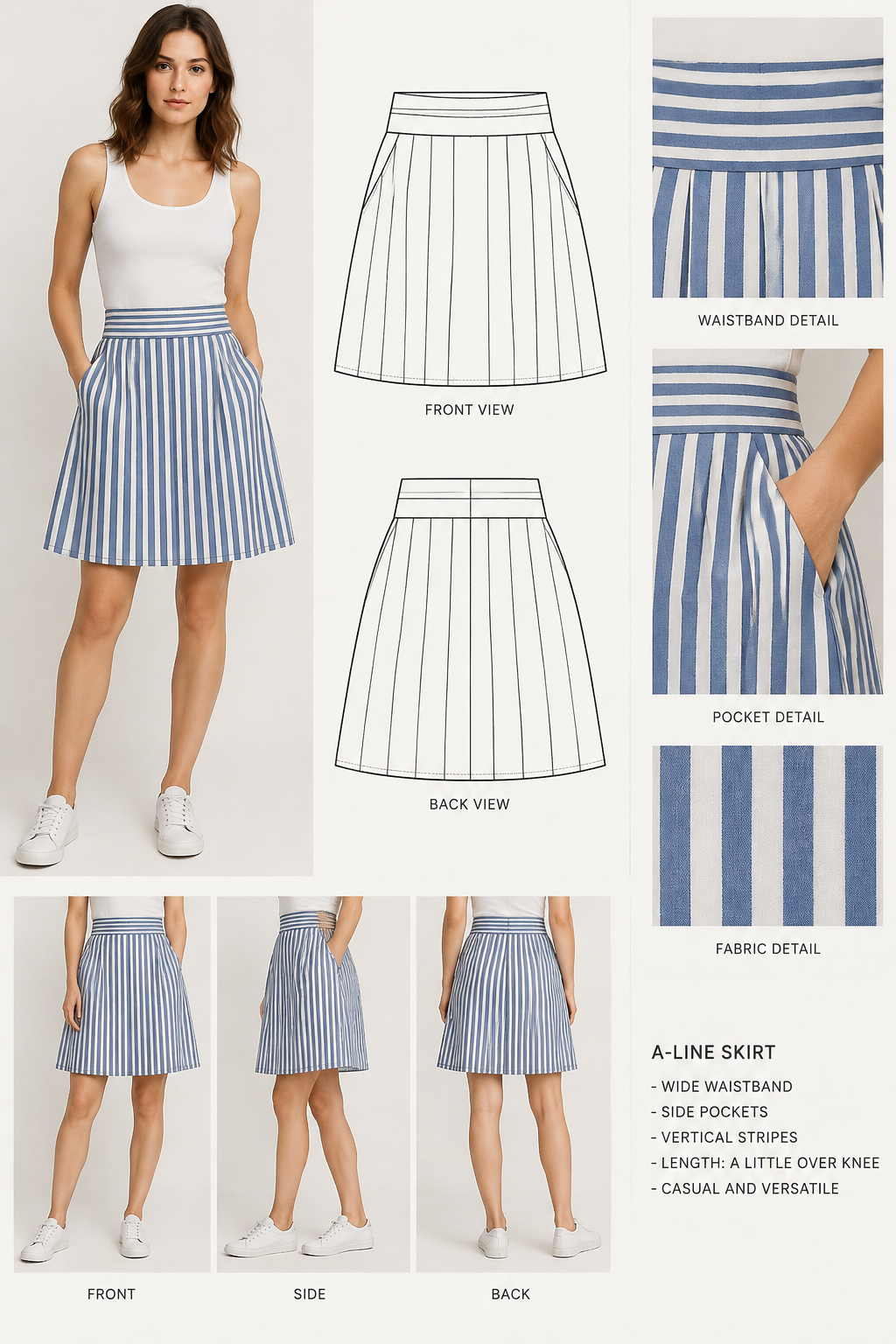 skirt with a-line little bit over knee and with a wider waistband and pockets. with strips
skirt with a-line little bit over knee and with a wider waistband and pockets. with strips