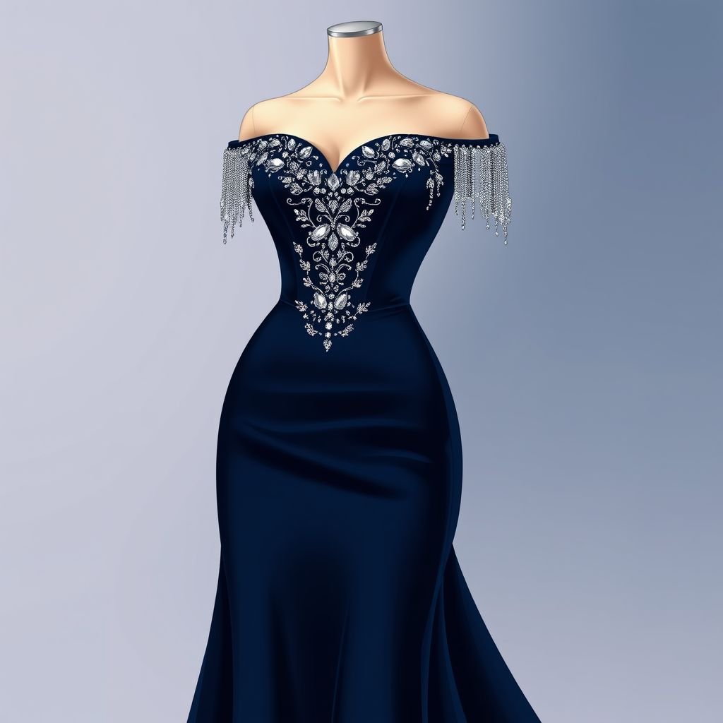 A mesmerising,stunning fitted navy dress with corset with silver gemstone decoration and of shoulder sleeves made of silver gemstones with diamond fringe
Design a couture navy dress that hugs the silhouette, featuring a structured corset adorned with intricate silver gemstone patterns. The off-shoulder sleeves, shimmering with cascading diamond fringe, add an air of elegance. The dress finishes with a dramatic floor-length skirt that flows like liquid, sparkling under delicate lighting, perfect for a gala.