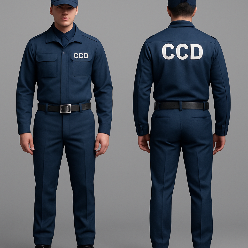 Uniform of a newly created wing of police that deals with serious and organised crime and investigations. Instead of police it should have the words CCD. It consists of trouser and coat. The headgear is a smart p cap. The colour scheme is bluish. The boots are leather. The belt should not be too thin and its buckle can be steel plate with CCD written on it.
Uniform of a newly created wing of police that deals with serious and organised crime and investigations. Instead of police it should have the words CCD. It consists of trouser and coat. The headgear is a smart p cap. The colour scheme is bluish. The boots are leather. The belt should not be too thin and its buckle can be steel plate with CCD written on it. , sporty style, show front and back