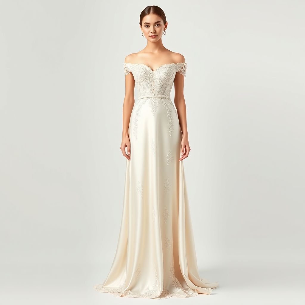A long dinner dress
Design a stunning long dinner dress in the essence of timeless elegance. The gown features delicate lace details cascading down the bodice, flowing into a silk skirt that drapes gracefully at the floor. Soft pastels and subtle shimmer create a refined silhouette, complemented by a delicate off-the-shoulder neckline for added sophistication.