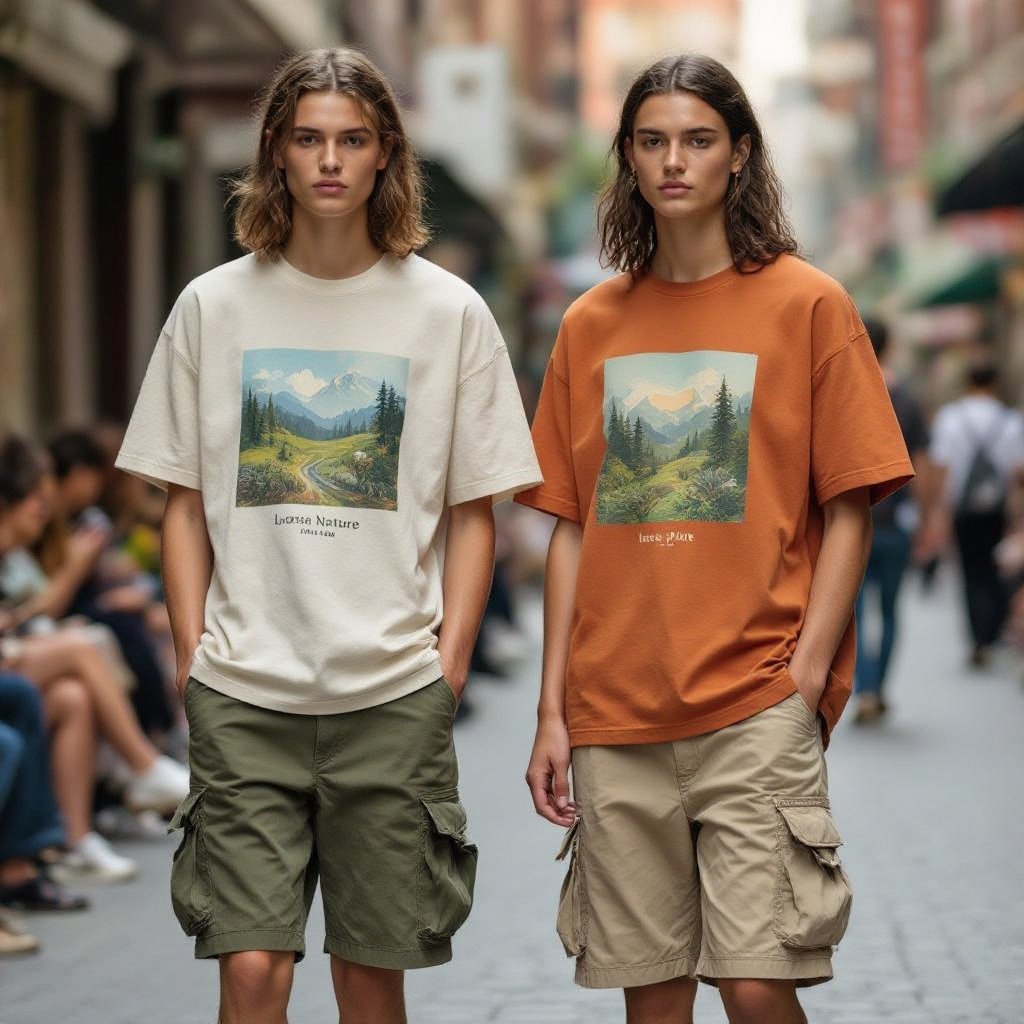 Urban Nature Frühling / Sommer 2026
Streetwear fashion: Urban Nature, Spring/Summer 2026. Loose cotton tees and cargo shorts in earthy tones with subtle nature graphics.