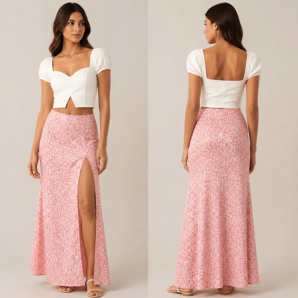 A Female Dress design, suitable for Summer. generate a dress like a normal occasions for shopping and I want it to be very simple let me describe it I want the top to be chest curves and like cut shirt and for the bottom a srut in pink plus white colour. India fashion aesthetics.
photorealistic fashion design, A Female Dress design, suitable for Summer. generate a dress like a normal occasions for shopping and I want it to be very simple let me describe it I want the top to be chest curves and like cut shirt and for the bottom a srut in pink plus white colour. India fashion aesthetics., just the design no text, show front and back