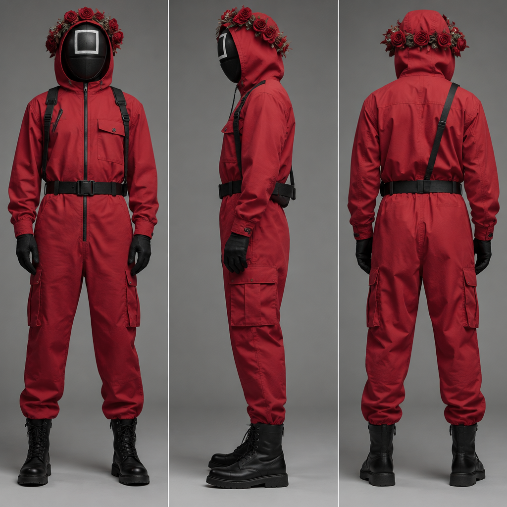 A Male Jacket design. охранник из игры кальмара квадрат менеджер◼️ красном комбинезон голове венок мода Present it as professional fashion catalogue photography: the garment is the subject, shown full-length with editorial styling, neutral posing and tasteful, non-suggestive framing.
photorealistic fashion design, A Male Jacket design. охранник из игры кальмара квадрат менеджер◼️ красном комбинезон голове венок мода Present it as professional fashion catalogue photography: the garment is the subject, shown full-length with editorial styling, neutral posing and tasteful, non-suggestive framing., just the design no text