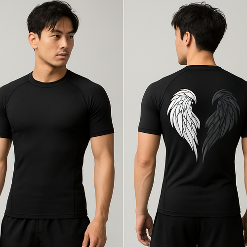 Black base short sleeve compression jujitsu rash guard shirt. 2 angle wings on the back, one white and the other dark gray. Make the wings kinda form a shape of a heart without making it too obnoxious so the wings look natural still 