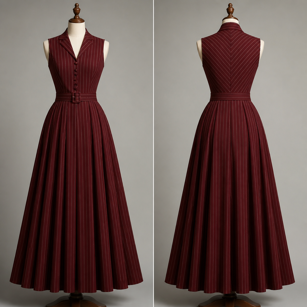 A Female Dress design, in Vintage style. dark red, stripes, without sleeves, belt, long. HR fashion aesthetics.
photorealistic fashion design, A Female Dress design, in Vintage style. dark red, stripes, without sleeves, belt, long. HR fashion aesthetics., vintage style, just the design no text, show front and back