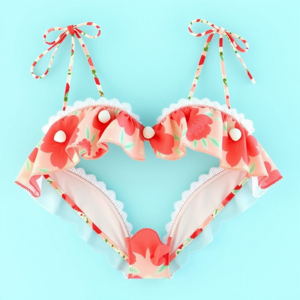 בגד ים ביקיני בסגנון של צימרמן
Design a vibrant bikini reminiscent of Zimmermann's summer collections. Incorporate playful floral patterns, delicate lace trims, and flouncy ruffles. Use lightweight, breathable fabrics in sun-kissed hues like coral and aquamarine. Add unique details such as seashell embellishments and adjustable ties, perfect for sun-soaked days by the beach and carefree summer adventures.