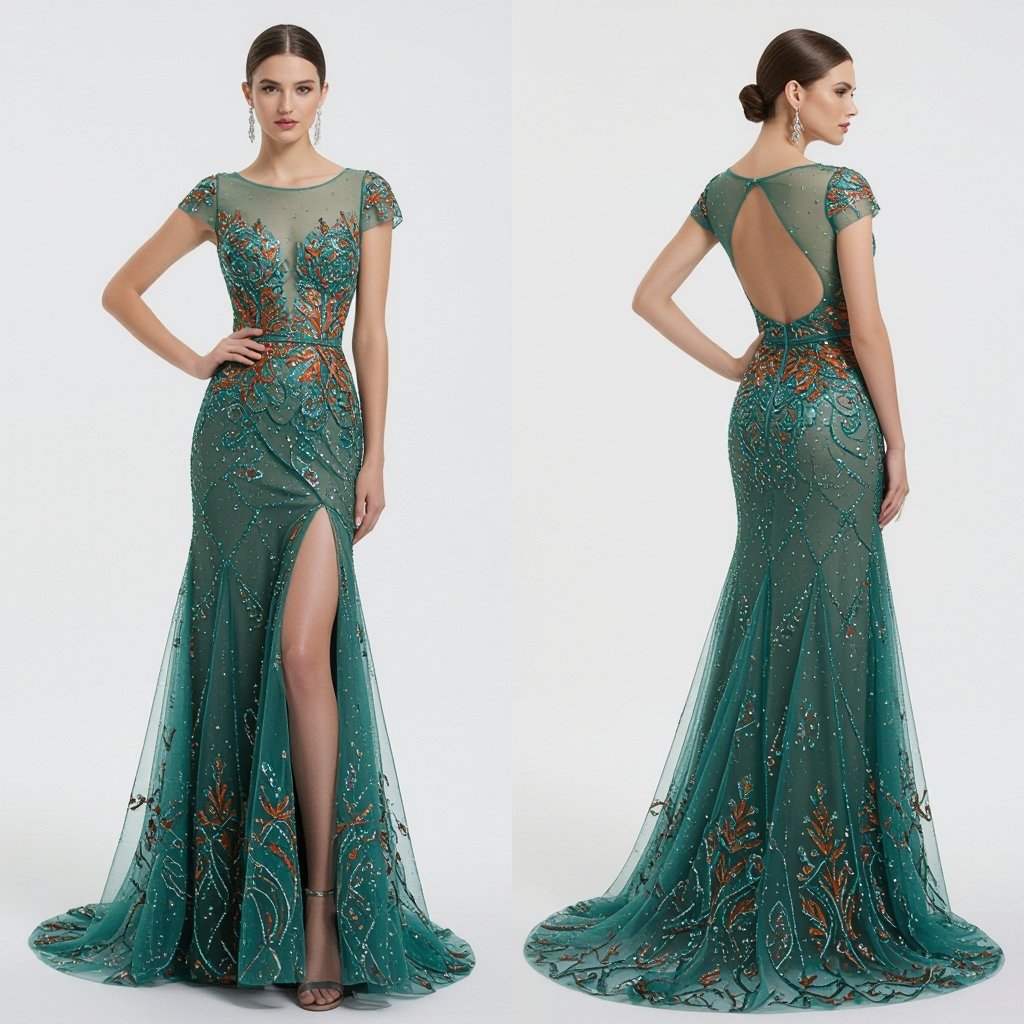 A couture evening gown designed on a foundation of skin-toned sheer mesh, creating the illusion of bare skin beneath. The gown is highly intricate, with masterful embroidery and embellishments. Crystals in radiant teal and fiery orange cascade across the body, symbolizing the merging of sunset and sky. The embellishments glimmer like constellations, strategically placed to accentuate curves and create a sensual, yet elegant silhouette. The design is bold, daring, and unapologetically sexy, with couture-level craftsmanship. The gown hugs the figure like liquid light, with dramatic detailing and a balance of allure and sophistication—perfect for a high-fashion runway or red carpet
A **sheer tulle** evening gown, **column cut**, with strategic **crystal and bead** embroidery. The **teal and orange** embellishments create a **liquid** effect, accentuating curves. This **backless** gown combines allure with sophistication.