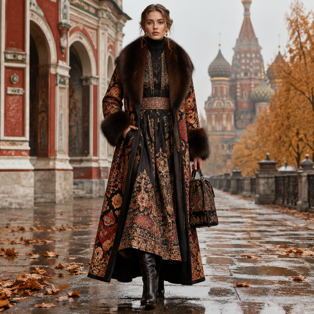A Female Dress design, suitable for Fall. Consider Russian fashion — fur and layering traditions, bold patterns, mix of European elegance and Slavic folk motifs. Current season is Autumn in Russia. Present it as professional fashion catalogue photography: the garment is the subject, shown full-length with editorial styling, neutral posing and tasteful, non-suggestive framing.
photorealistic fashion design, A Female Dress design, suitable for Fall. Consider Russian fashion — fur and layering traditions, bold patterns, mix of European elegance and Slavic folk motifs. Current season is Autumn in Russia. Present it as professional fashion catalogue photography: the garment is the subject, shown full-length with editorial styling, neutral posing and tasteful, non-suggestive framing., just the design no text