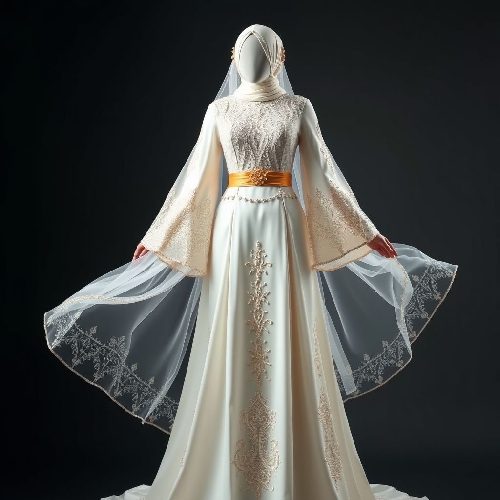 Wedding dress Somali white elegant blending with morrocan style
Create an ethereal wedding dress that harmoniously fuses Somali elegance and Moroccan opulence. The gown features a flowing white silk silhouette adorned with intricate beaded filigree reminiscent of Moroccan latticework. Delicate bell sleeves cascade gracefully, while a shimmering golden sash cinches the waist, evoking a sense of cultural unity and timeless beauty.