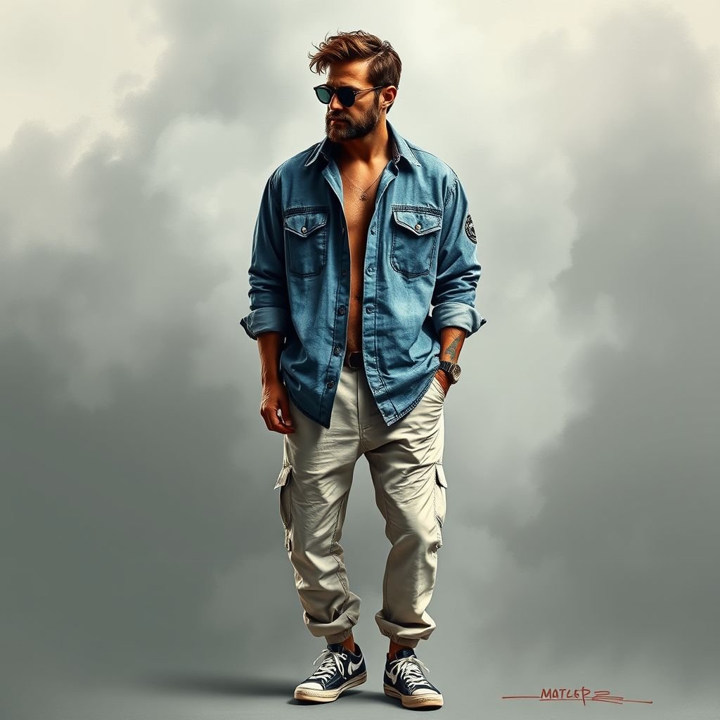 A man smoking with gun
Design a cotton ensemble for a rugged man exuding a cool, rebellious vibe. Picture a tailored, oversized cotton shirt with faded blue denim patches, rolled sleeves, and subtle, hand-painted graphics depicting a smoky atmosphere. Complement with relaxed-cut cotton pants and vintage sneakers, capturing the essence of laid-back street fashion.